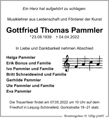 Traueranzeige von Gottfried Thomas Pammler von Leipziger Volkszeitung
