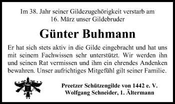 Traueranzeige von Günter Buhmann von Kieler Nachrichten