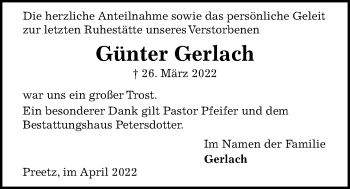 Traueranzeige von Günter Gerlach von Kieler Nachrichten