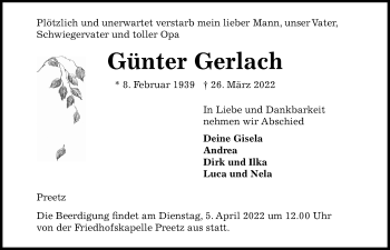 Traueranzeige von Günter Gerlach von Kieler Nachrichten