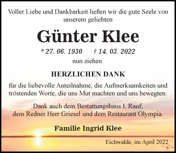 Traueranzeige von Günter Klee von Märkischen Allgemeine Zeitung