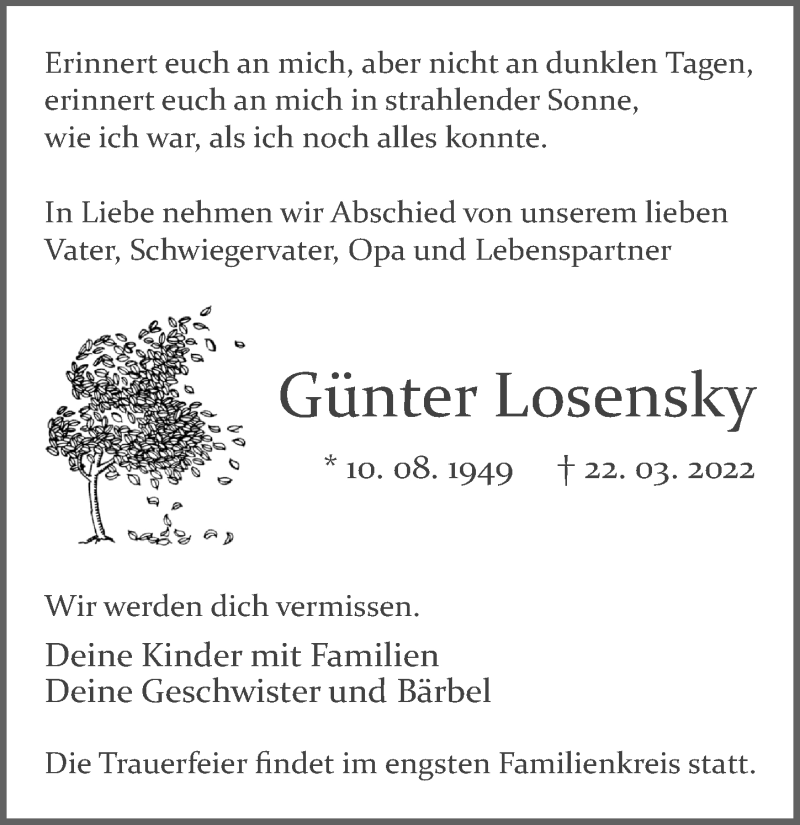  Traueranzeige für Günter Losensky vom 02.04.2022 aus Märkischen Allgemeine Zeitung