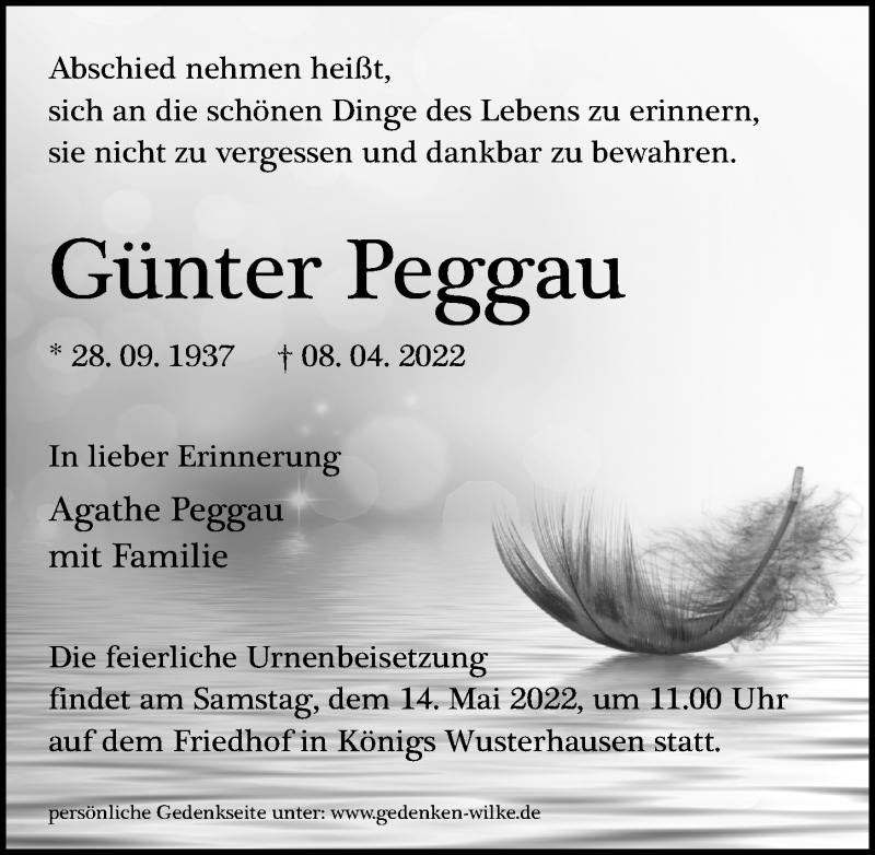  Traueranzeige für Günter Peggau vom 16.04.2022 aus Märkischen Allgemeine Zeitung