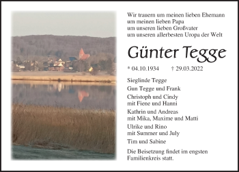 Traueranzeige von Günter Tegge von Ostsee-Zeitung GmbH
