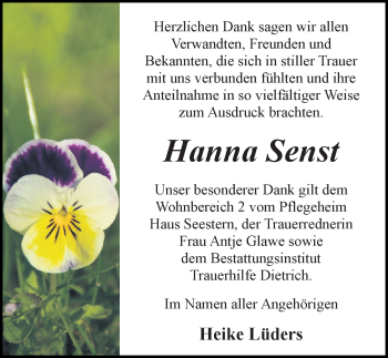 Traueranzeige von Hanna Senst von Ostsee-Zeitung GmbH