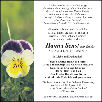 Traueranzeige von Hanna Senst von Ostsee-Zeitung GmbH