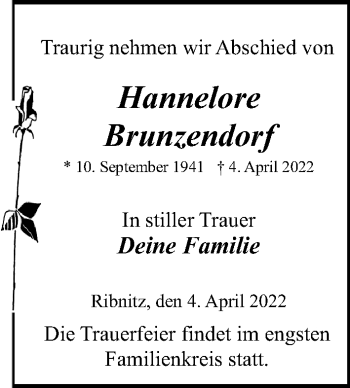 Traueranzeige von Hannelore Brunzendorf von Ostsee-Zeitung GmbH