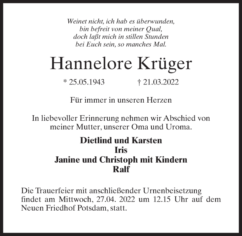  Traueranzeige für Hannelore Krüger vom 16.04.2022 aus Märkischen Allgemeine Zeitung