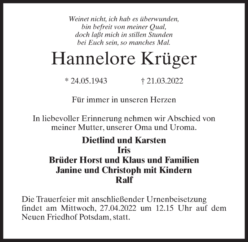  Traueranzeige für Hannelore Krüger vom 23.04.2022 aus Märkischen Allgemeine Zeitung