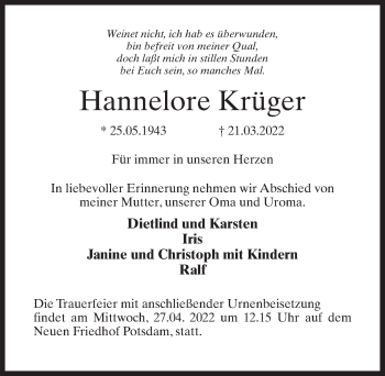 Traueranzeige von Hannelore Krüger von Märkischen Allgemeine Zeitung