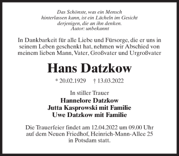 Traueranzeige von Hans Datzkow von Märkischen Allgemeine Zeitung