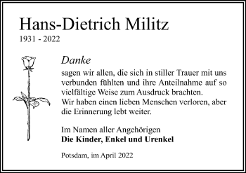 Traueranzeige von Hans-Dietrich Militz von Märkischen Allgemeine Zeitung