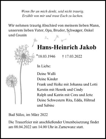 Traueranzeige von Hans-Heinrich Jakob von Ostsee-Zeitung GmbH