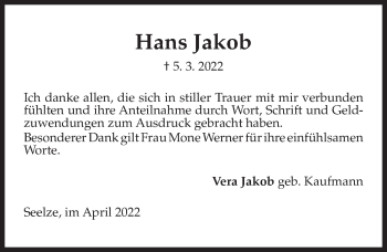 Traueranzeige von Hans Jakob von Hannoversche Allgemeine Zeitung/Neue Presse