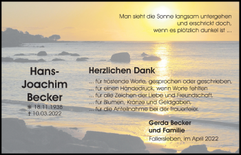 Traueranzeige von Hans-Joachim Becker von Aller Zeitung