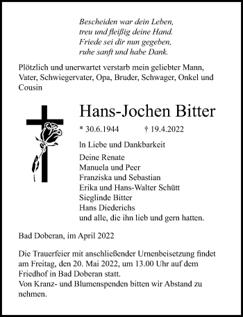 Traueranzeige von Hans-Jochen Bitter von Ostsee-Zeitung GmbH