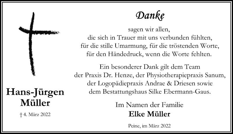  Traueranzeige für Hans-Jürgen Müller vom 02.04.2022 aus Peiner Allgemeine Zeitung
