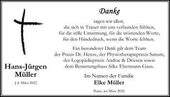 Traueranzeige von Hans-Jürgen Müller von Peiner Allgemeine Zeitung