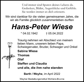 Traueranzeige von Hans-Peter Wiese von Ostsee-Zeitung GmbH