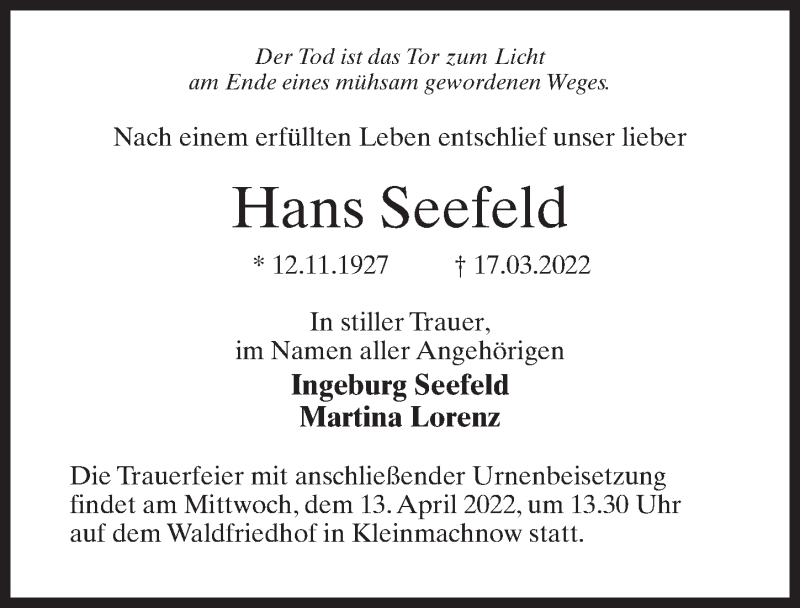  Traueranzeige für Hans Seefeld vom 02.04.2022 aus Märkischen Allgemeine Zeitung
