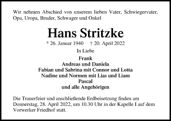 Traueranzeige von Hans Stritzke von Lübecker Nachrichten