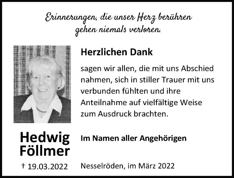  Traueranzeige für Hedwig Föllmer vom 09.04.2022 aus Eichsfelder Tageblatt