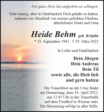 Traueranzeige von Heide Behm von Ostsee-Zeitung GmbH