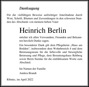 Traueranzeige von Heinrich Berlin von Ostsee-Zeitung GmbH