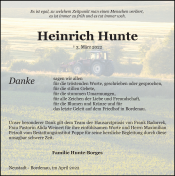 Traueranzeige von Heinrich Hunte von Hannoversche Allgemeine Zeitung/Neue Presse