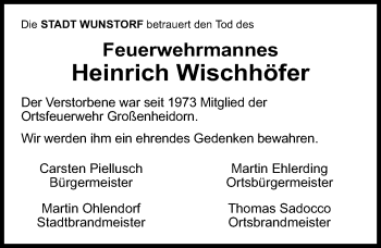 Traueranzeige von Heinrich Wischhöfer von Hannoversche Allgemeine Zeitung/Neue Presse