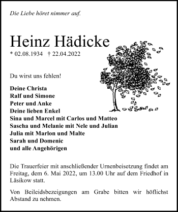 Traueranzeige von Heinz Hädicke von Märkischen Allgemeine Zeitung