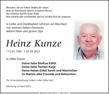 Traueranzeige von Heinz Kunze von Leipziger Volkszeitung