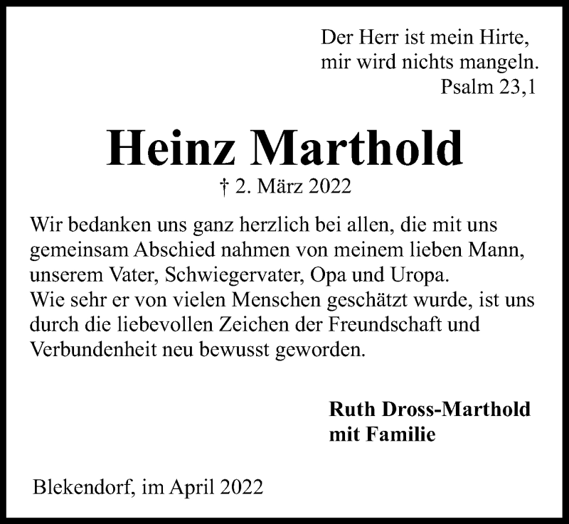  Traueranzeige für Heinz Marthold vom 16.04.2022 aus Kieler Nachrichten
