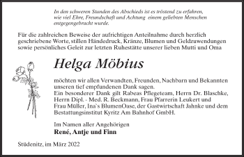 Traueranzeige von Helga Möbius von Märkischen Allgemeine Zeitung