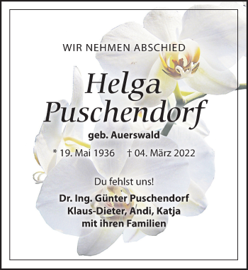 Traueranzeige von Helga Puschendorf von Leipziger Volkszeitung