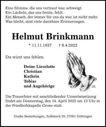 Traueranzeige von Helmut Brinkmann von Göttinger Tageblatt