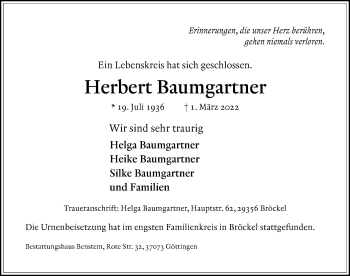 Traueranzeige von Herbert Baumgartner von Göttinger Tageblatt