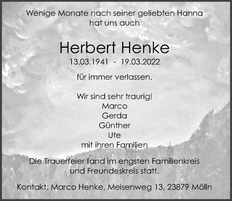  Traueranzeige für Herbert Henke vom 10.04.2022 aus Lübecker Nachrichten