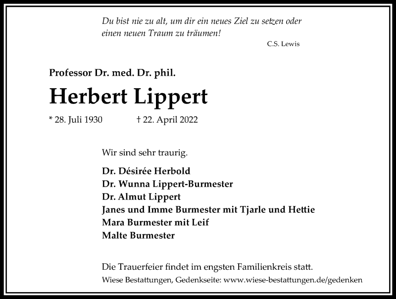  Traueranzeige für Herbert Lippert vom 30.04.2022 aus Hannoversche Allgemeine Zeitung/Neue Presse