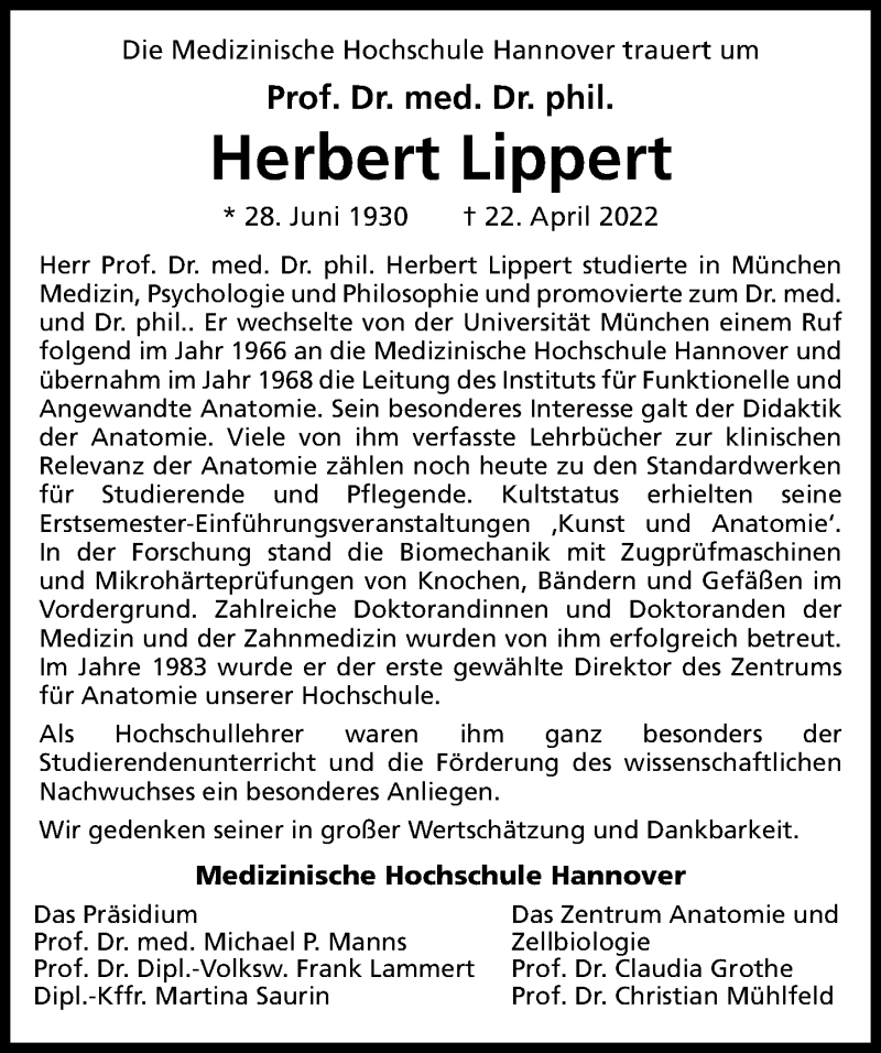  Traueranzeige für Herbert Lippert vom 30.04.2022 aus Hannoversche Allgemeine Zeitung/Neue Presse