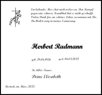 Traueranzeige von Herbert Radmann von Ostsee-Zeitung GmbH