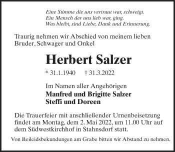 Traueranzeige von Herbert Salzer von Märkischen Allgemeine Zeitung