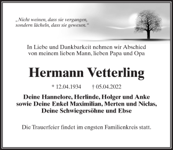 Traueranzeige von Hermann Vetterling von Märkischen Allgemeine Zeitung