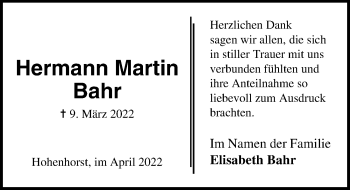 Traueranzeige von Hermann Martin Bahr von Lübecker Nachrichten