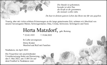 Traueranzeige von Herta Matzdorf von Ostsee-Zeitung GmbH
