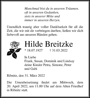 Traueranzeige von Hilde Breitzke von Ostsee-Zeitung GmbH