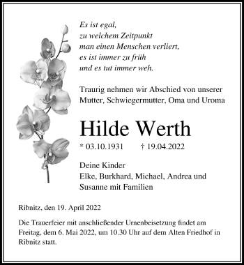 Traueranzeige von Hilde Werth von Ostsee-Zeitung GmbH