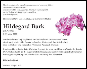 Traueranzeige von Hildegard Burk von Hannoversche Allgemeine Zeitung/Neue Presse