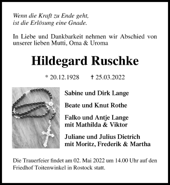 Traueranzeige von Hildegard Ruschke von Ostsee-Zeitung GmbH