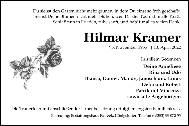  Traueranzeige für Hilmar Kramer vom 23.04.2022 aus Aller Zeitung